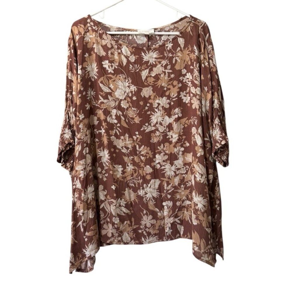 Oddy Anthropologie Tunic Top Sz Large Brown Floral Short Sleeve Stretch Peasant